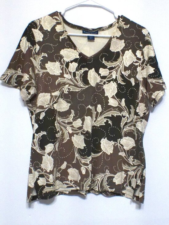 Karen Scott Tops - Karen Scott Top Women’s Large Brown Floral Short Sleeve V-Neck Casual Cotton